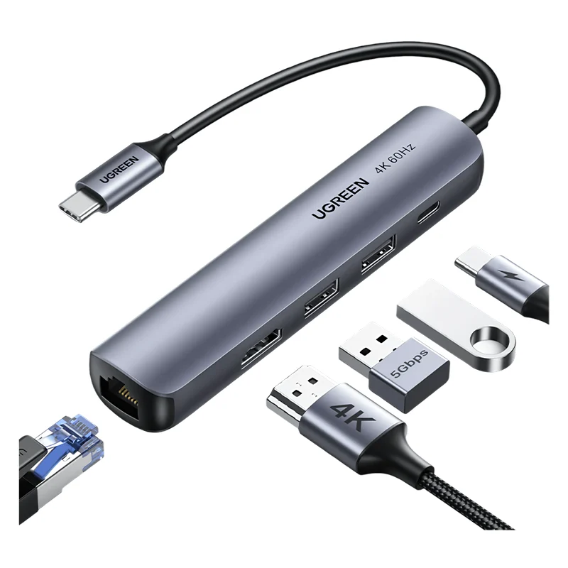 UGREEN USB-C to 2*USB 3.0+HDMI+RJ45 Ethernet Adapter+PD, CM418-10919B Grey