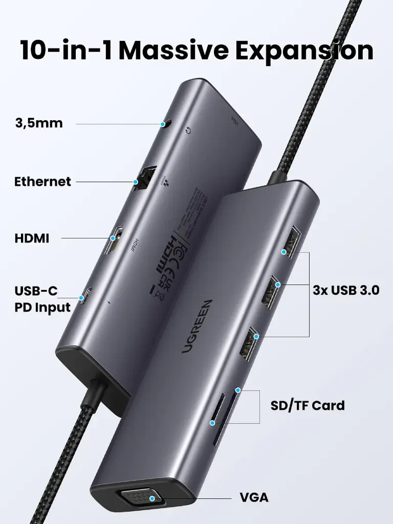 Ugreen 10 in 1 USB-C HUB 3xUSB-A 3.0 + USB-C 100W PD + SD/TF + RJ45 + 4K HDMI + VGA + 3.5mm 15601