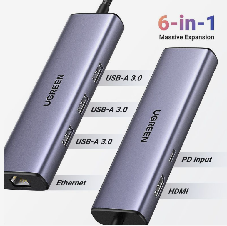UGREEN 6-in-1 USB C HUB 3xUSB-A 3.0 + USB-C 100W PD + RJ45 + 4K HDMI Space Grey