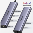 UGREEN 6-in-1 USB C HUB 3xUSB-A 3.0 + USB-C 100W PD + RJ45 + 4K HDMI Space Grey
