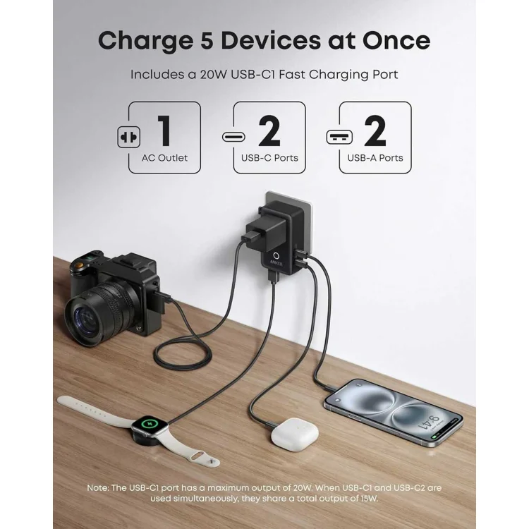 Anker Nano Travel Adapter 20W 5-in-1 in Black 