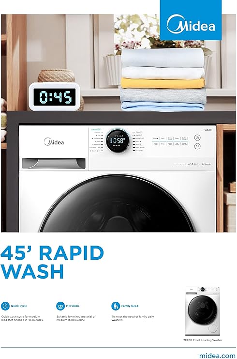 Midea 10KG Front Load Smart Washing Machine with Lunar Dial, 1400 RPM, 14 Programs, Fully Automatic Washer - MF200W100WBW